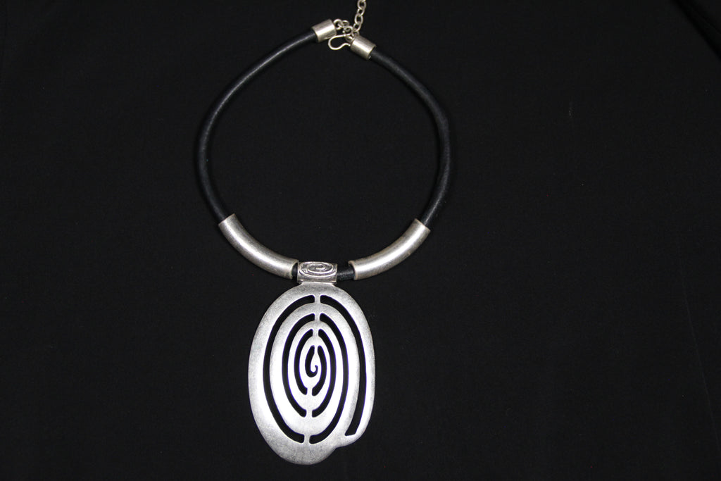 Metal Large Unique Pendant Statement Necklace Black Leather Choker Bohemian Style Jewelry