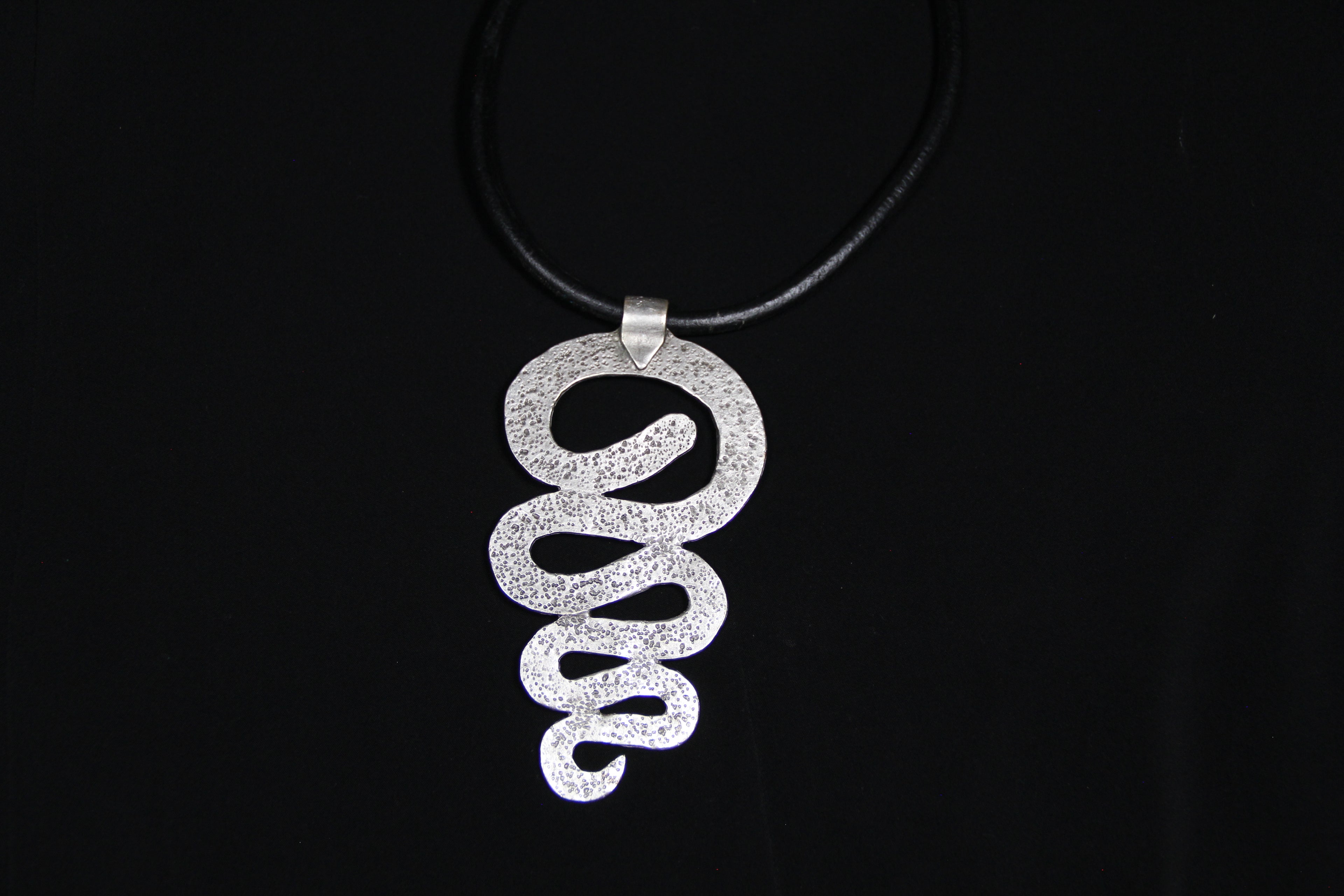 Large Metal Swirl Pendant Necklace – Bold Statement Black Leather Choker, Unique Bohemian Jewelry for Women