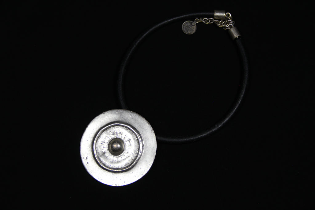 Large Metal Shield Pendant Necklace – Bold Statement Black Leather Choker, Bohemian & Unique Jewelry for Women