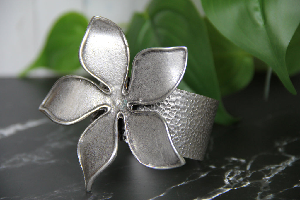 Silver Cuff Metal Flower Bracelet Unique Jewelry for Bold Accessory Lover Bohemian Inspired Jewelry