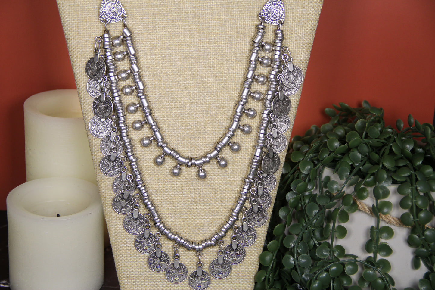 Silver Layered Coin Necklace – Unique Boho Chic Statement Jewelry for Women, Handmade Layered Accessory, Gift Idea for Her