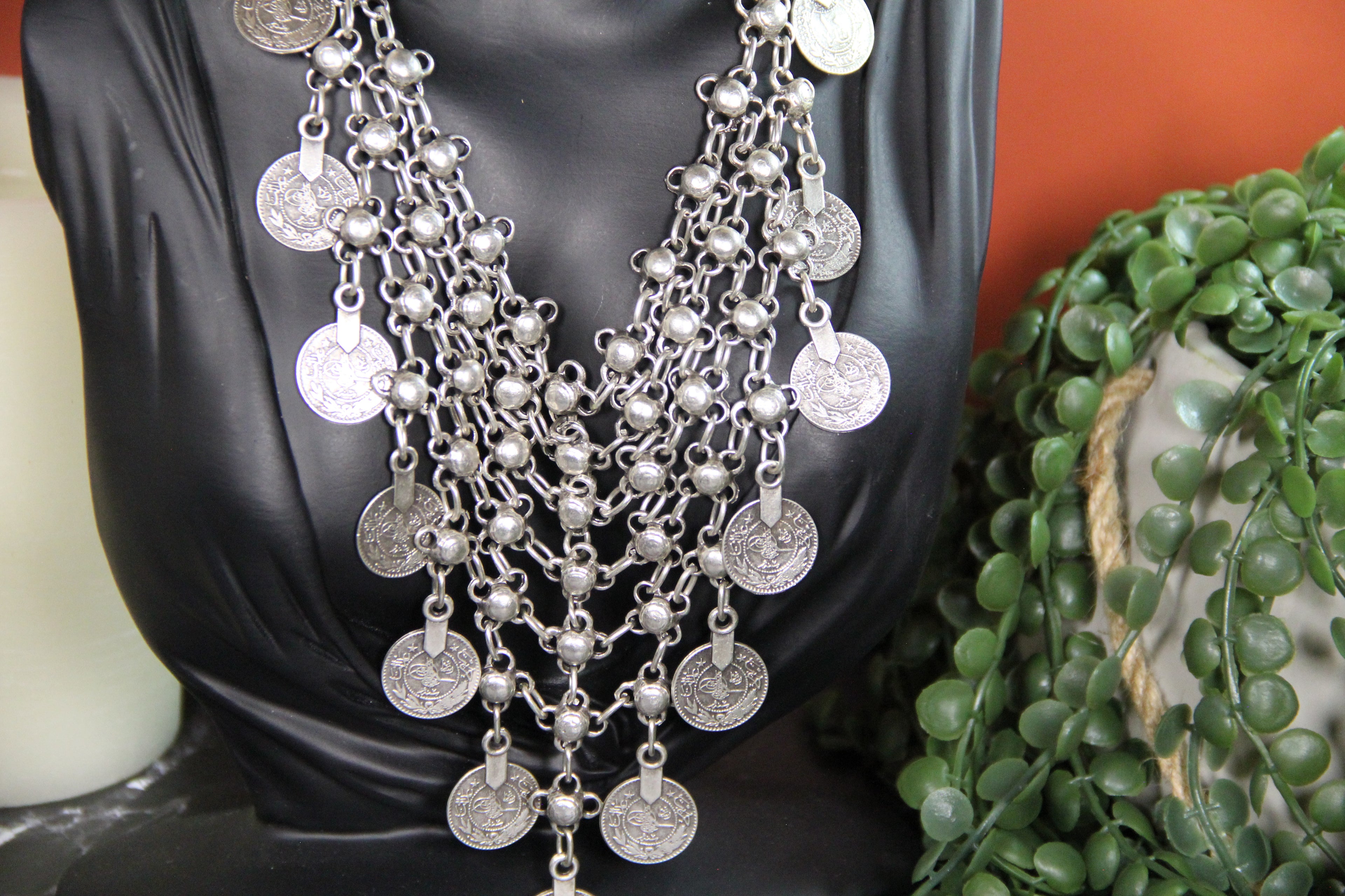 Silver Coin Statement Necklace – Bold Unique Bohemian Jewelry, Handmade Chic Necklace for Women and Fashion Lovers