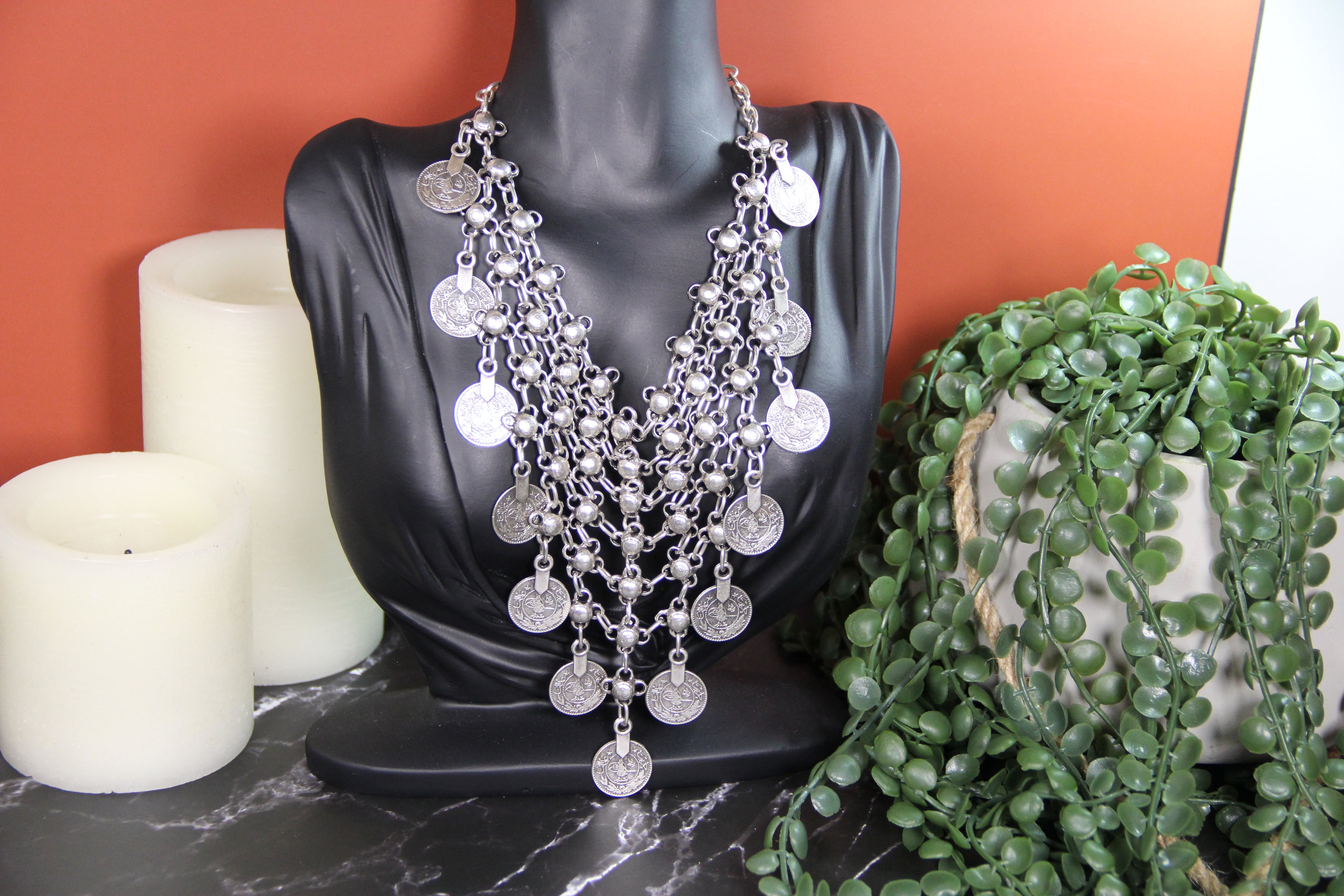 Silver Coin Statement Necklace – Bold Unique Bohemian Jewelry, Handmade Chic Necklace for Women and Fashion Lovers