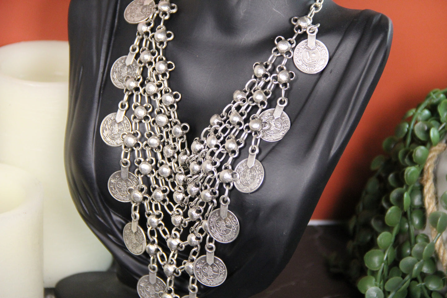 Silver Coin Statement Necklace – Bold Unique Bohemian Jewelry, Handmade Chic Necklace for Women and Fashion Lovers