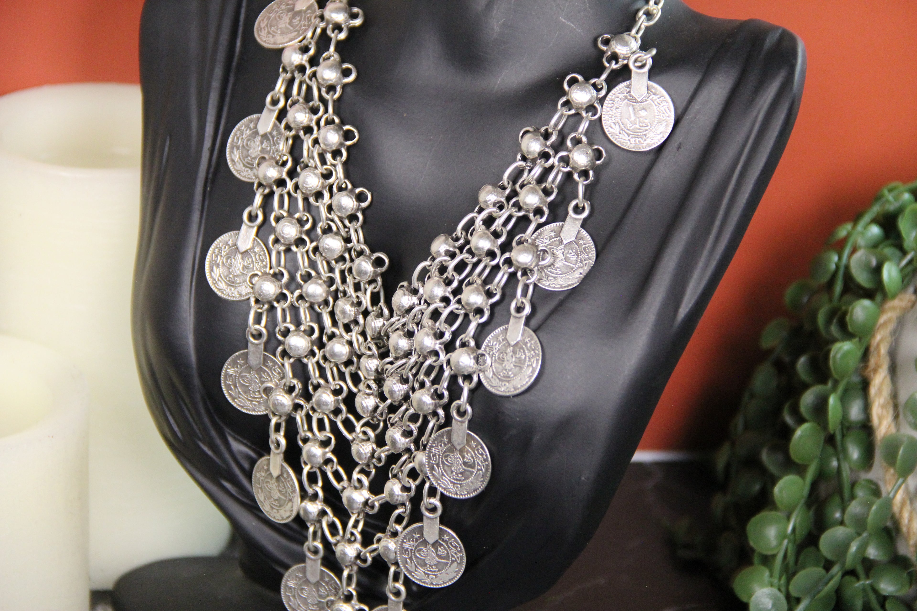 Silver Coin Statement Necklace – Bold Unique Bohemian Jewelry, Handmade Chic Necklace for Women and Fashion Lovers