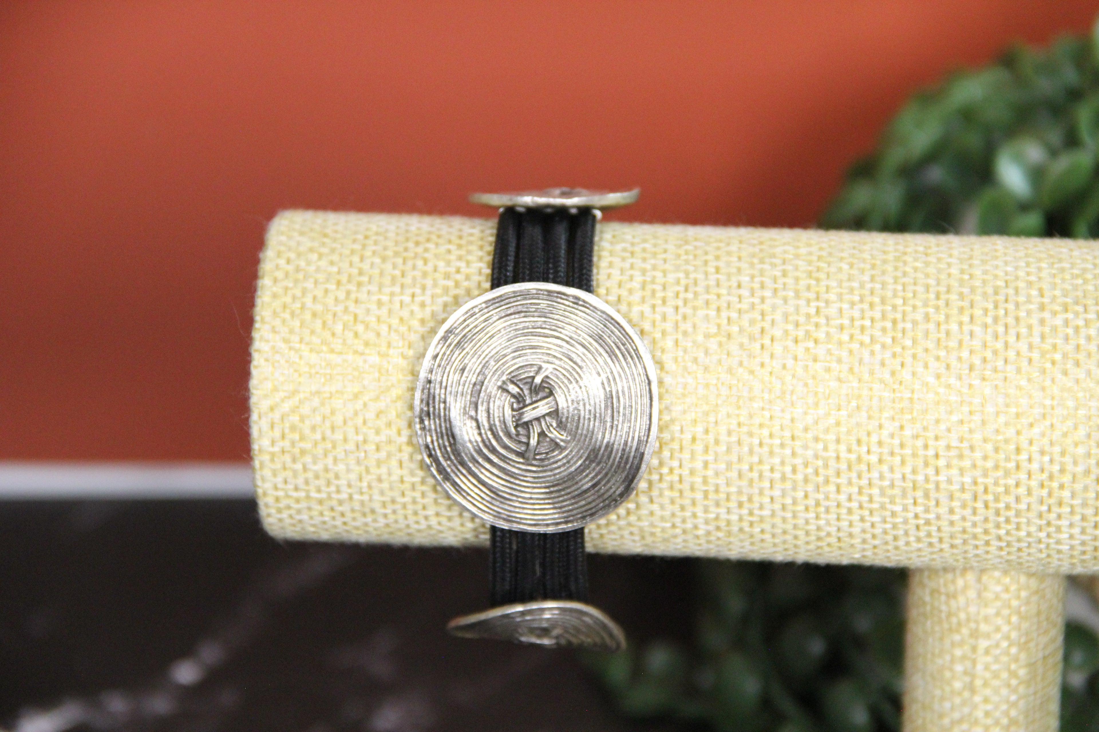Silver Round Swirl Pieces on Black Band Bracelet Bold Statement Jewelry Unique Gifts