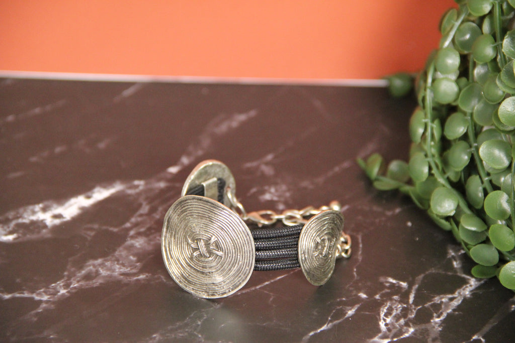 Silver Round Swirl Pieces on Black Band Bracelet Bold Statement Jewelry Unique Gifts