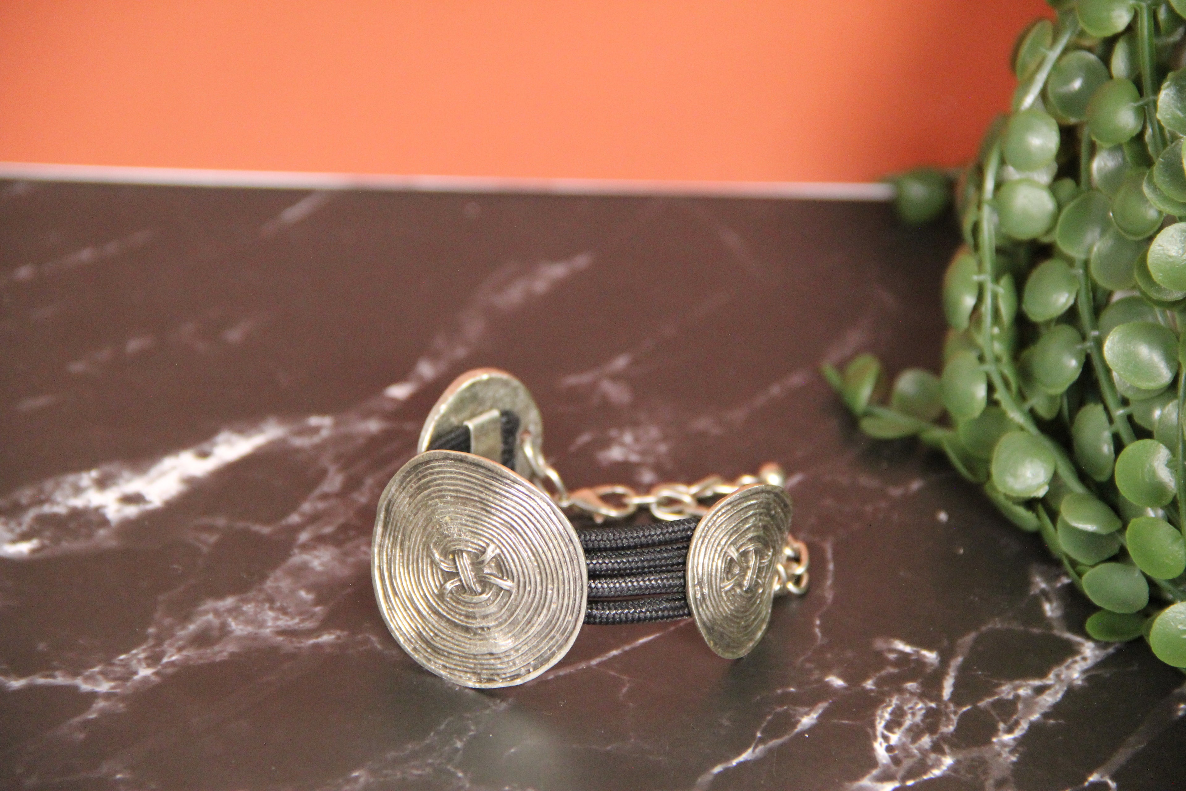 Silver Round Swirl Pieces on Black Band Bracelet Bold Statement Jewelry Unique Gifts