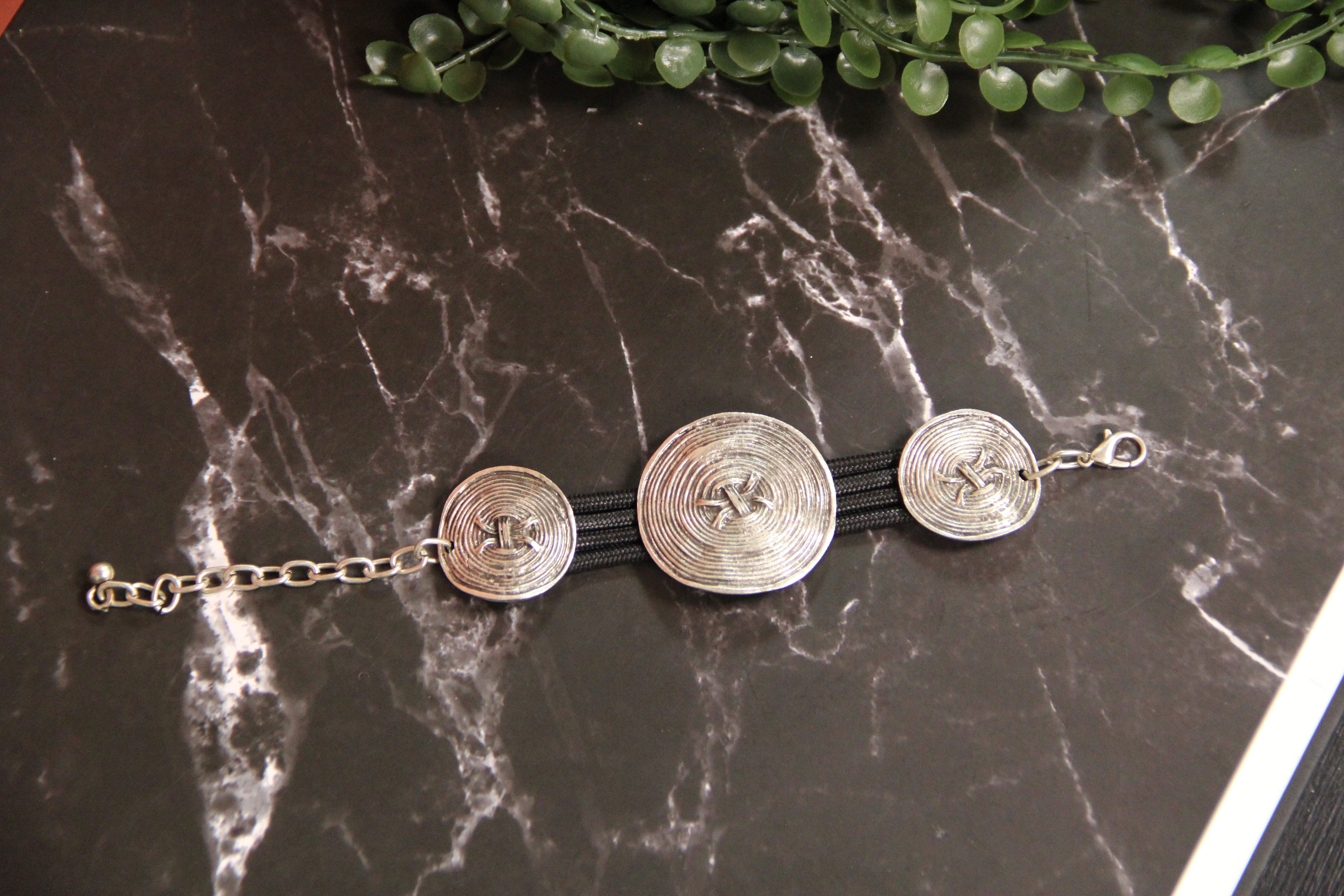Silver Round Swirl Pieces on Black Band Bracelet Bold Statement Jewelry Unique Gifts