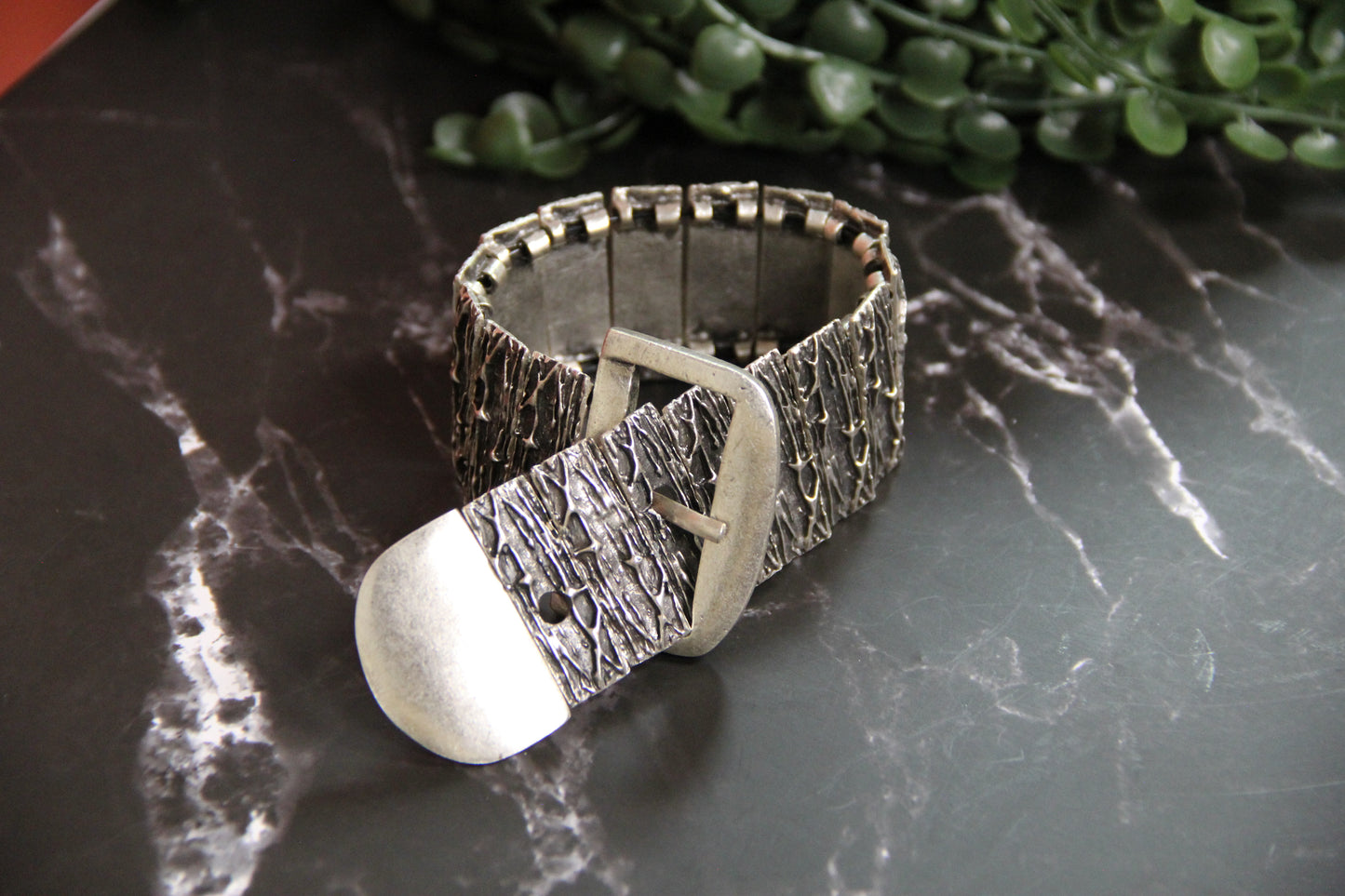 Slip-On Silver Belt Style Cuff Bracelet – Unique Handmade Jewelry, Vintage-Inspired Bold Accessory for Women