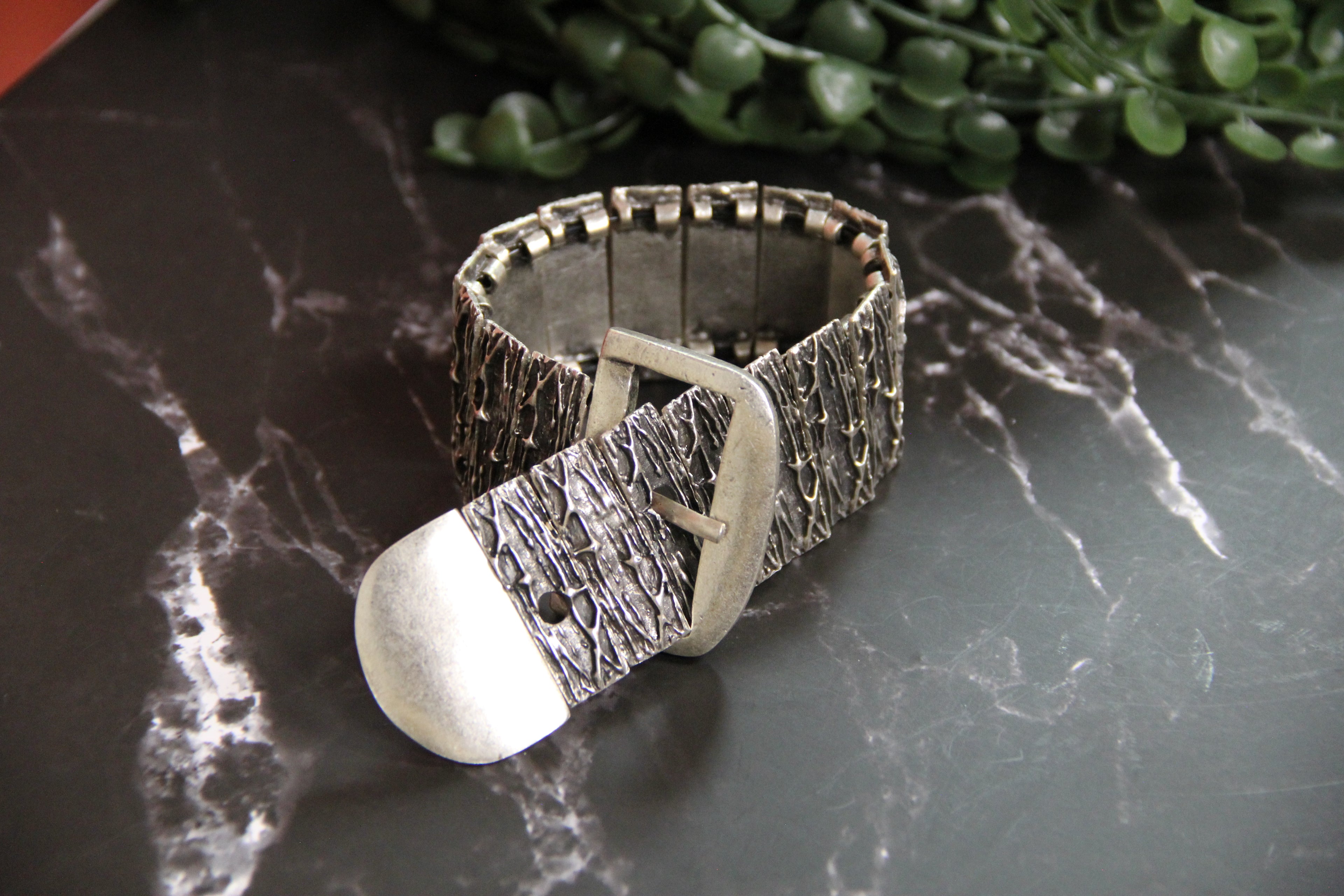 Slip-On Silver Belt Style Cuff Bracelet – Unique Handmade Jewelry, Vintage-Inspired Bold Accessory for Women