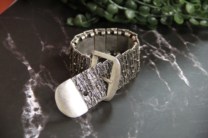 Slip-On Silver Belt Style Cuff Bracelet – Unique Handmade Jewelry, Vintage-Inspired Bold Accessory for Women