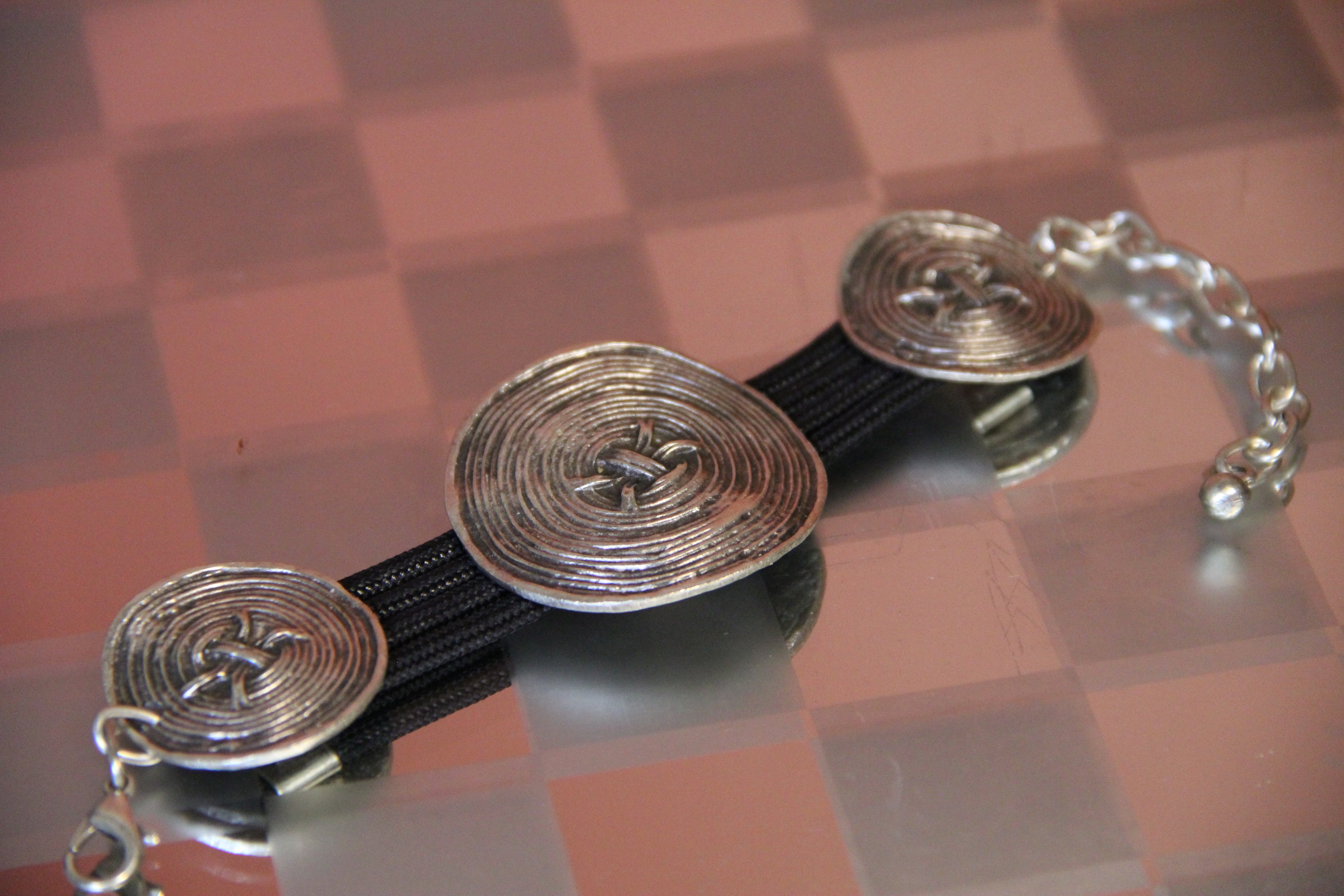Silver Round Swirl Pieces on Black Band Bracelet Bold Statement Jewelry Unique Gifts