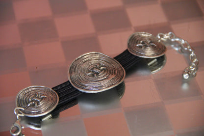 Silver Round Swirl Pieces on Black Band Bracelet Bold Statement Jewelry Unique Gifts