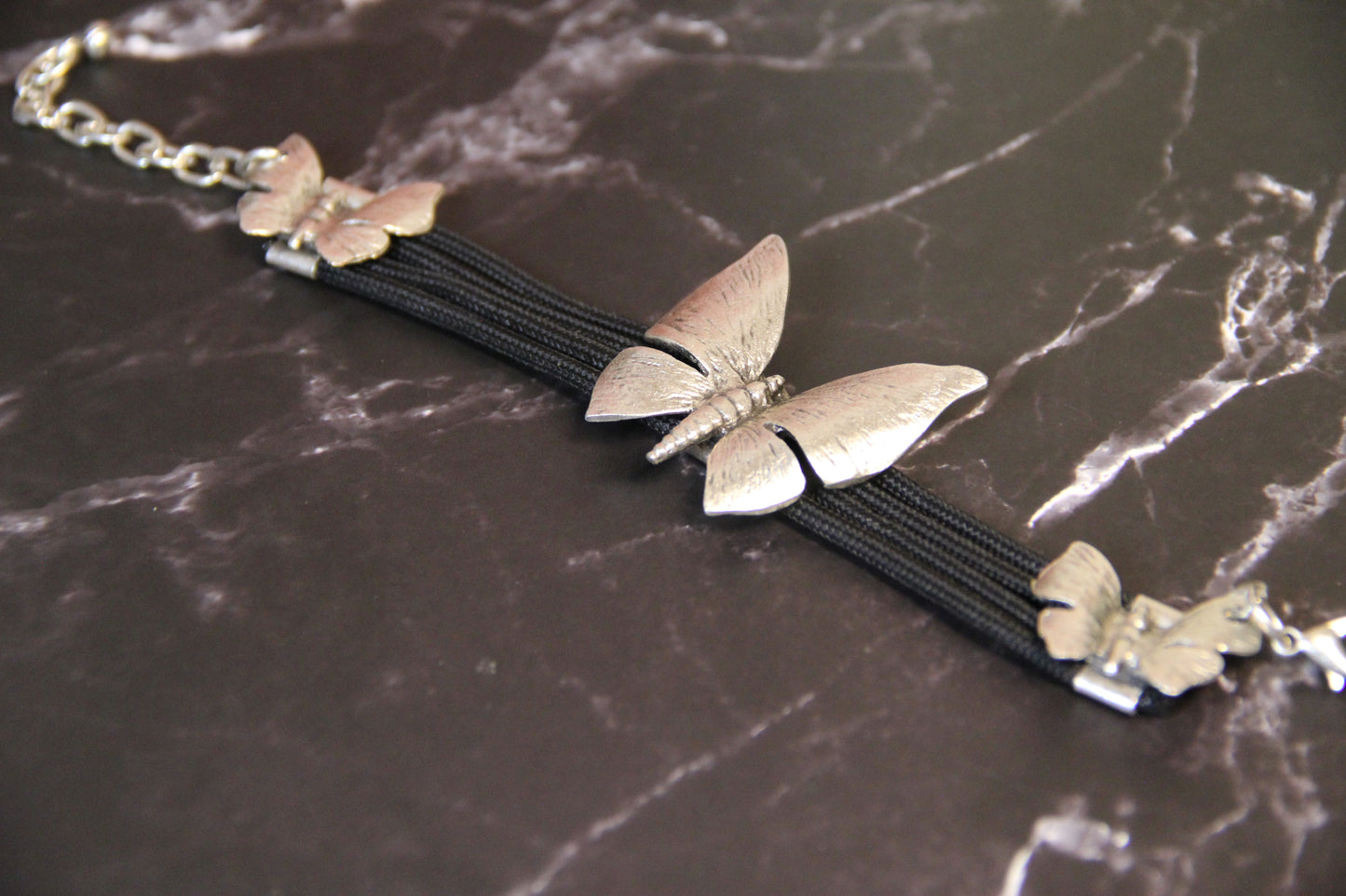 Bold Silver Butterfly Bracelet on Black Band – Unique Statement Jewelry for Women, Handmade Boho Gift Idea