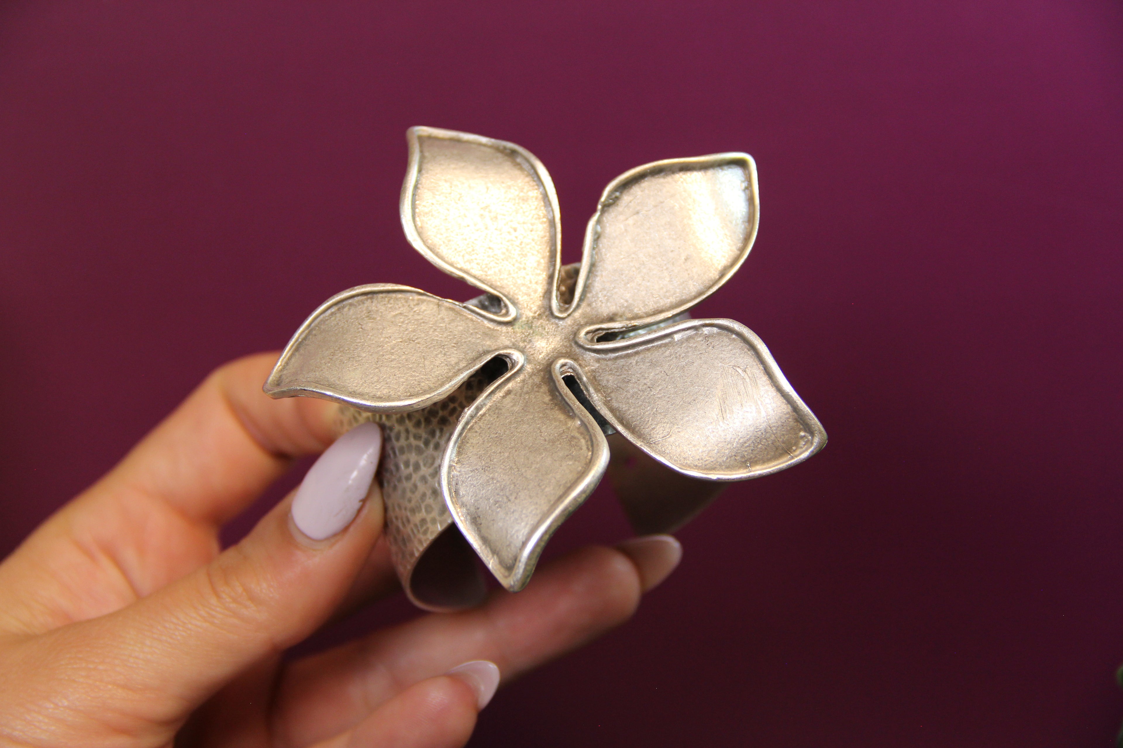 Silver Cuff Metal Flower Bracelet Unique Jewelry for Bold Accessory Lover Bohemian Inspired Jewelry