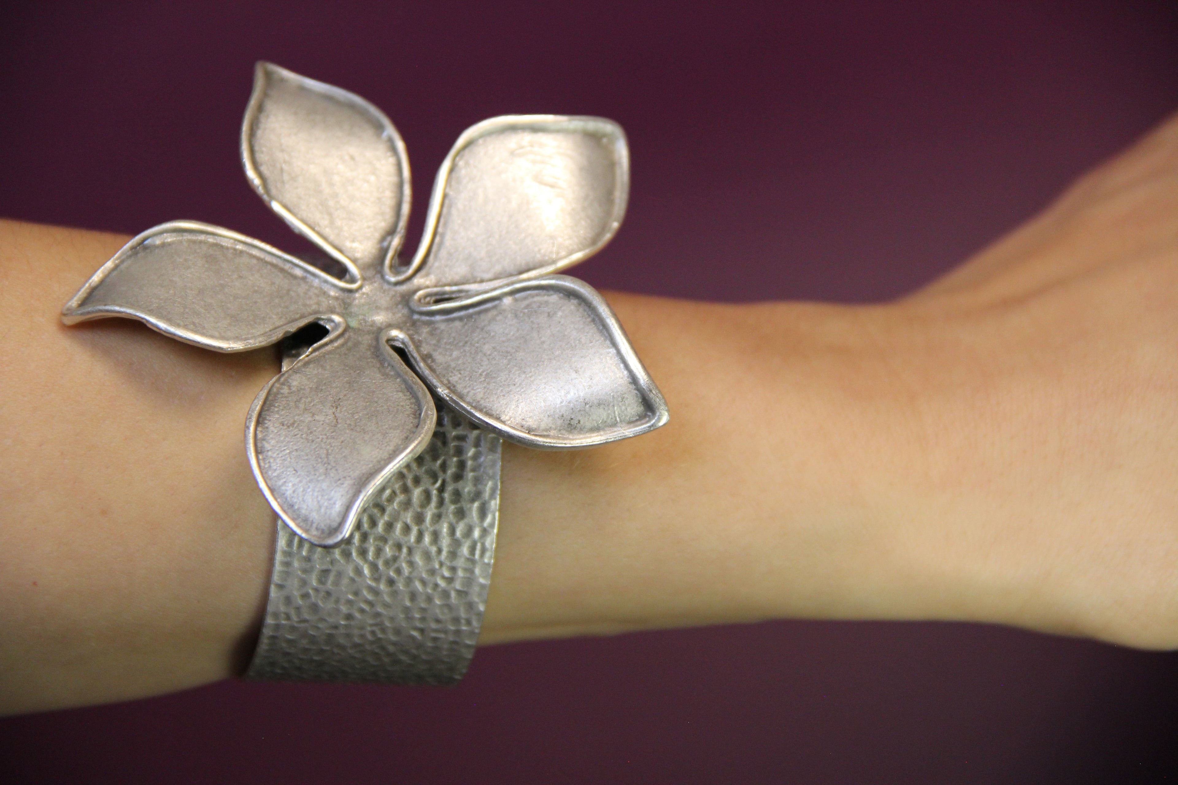 Silver Cuff Metal Flower Bracelet Unique Jewelry for Bold Accessory Lover Bohemian Inspired Jewelry
