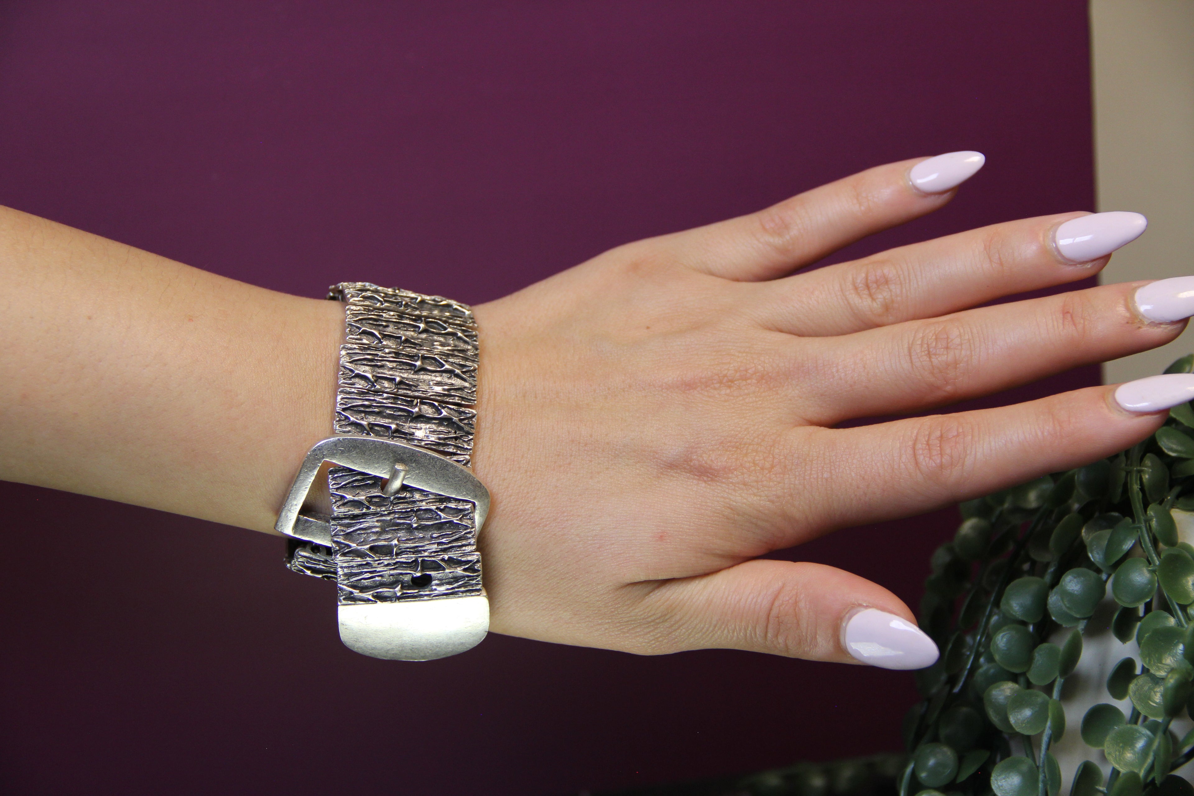 Slip-On Silver Belt Style Cuff Bracelet – Unique Handmade Jewelry, Vintage-Inspired Bold Accessory for Women