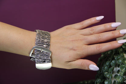 Slip-On Silver Belt Style Cuff Bracelet – Unique Handmade Jewelry, Vintage-Inspired Bold Accessory for Women