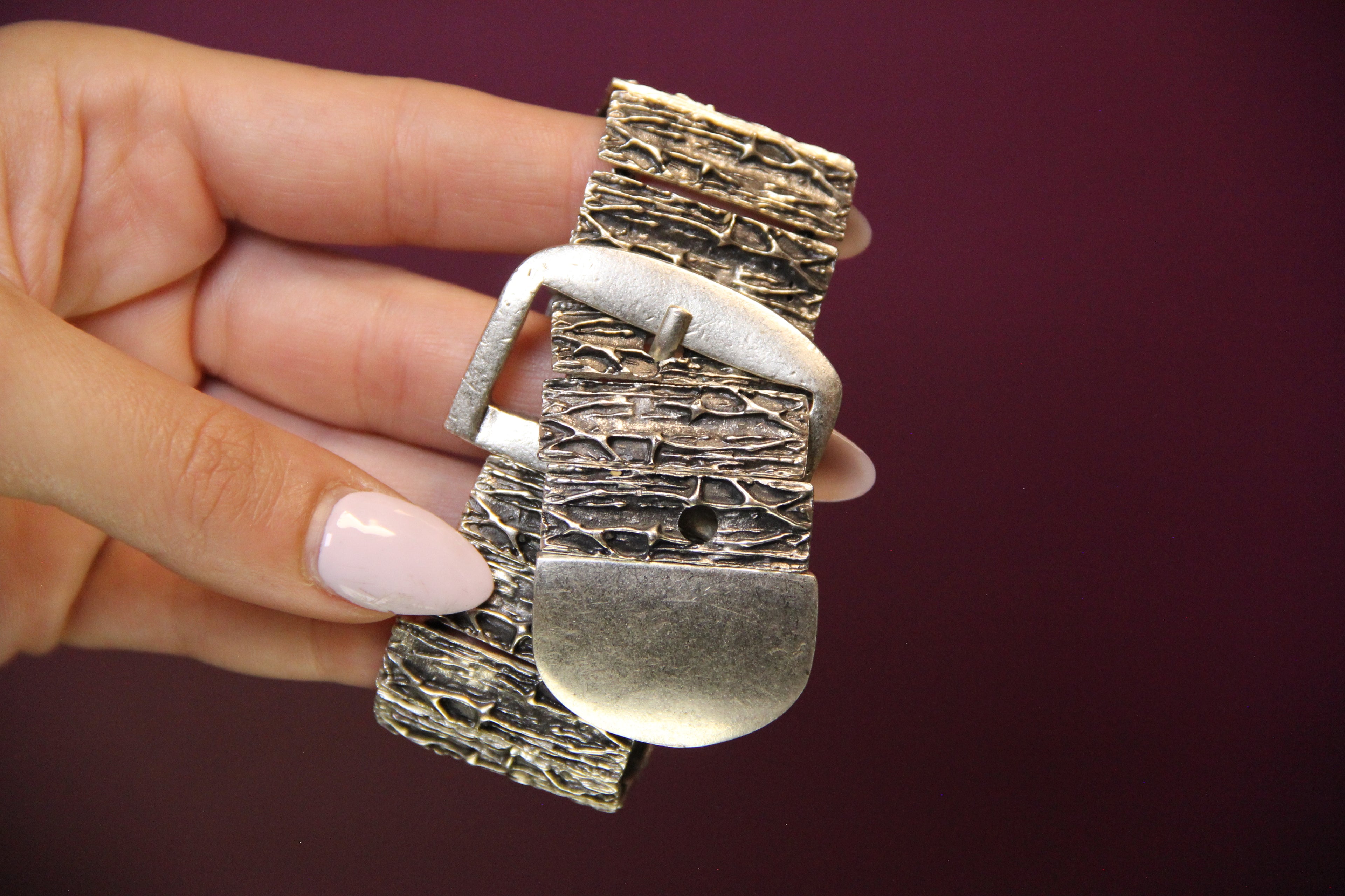 Slip-On Silver Belt Style Cuff Bracelet – Unique Handmade Jewelry, Vintage-Inspired Bold Accessory for Women