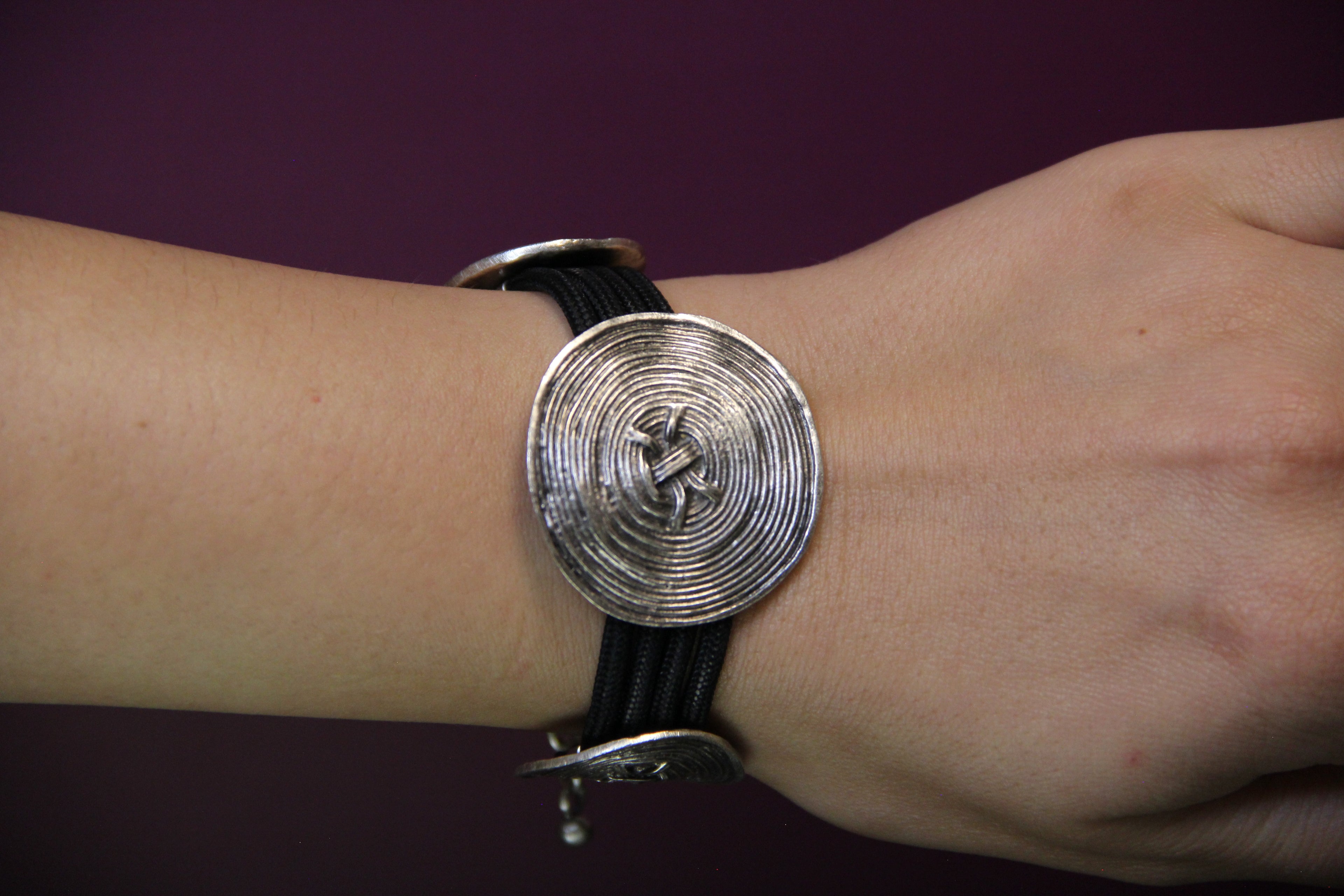 Silver Round Swirl Pieces on Black Band Bracelet Bold Statement Jewelry Unique Gifts