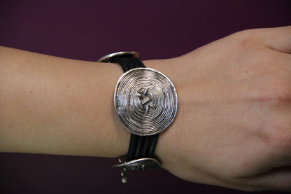 Silver Round Swirl Pieces on Black Band Bracelet Bold Statement Jewelry Unique Gifts