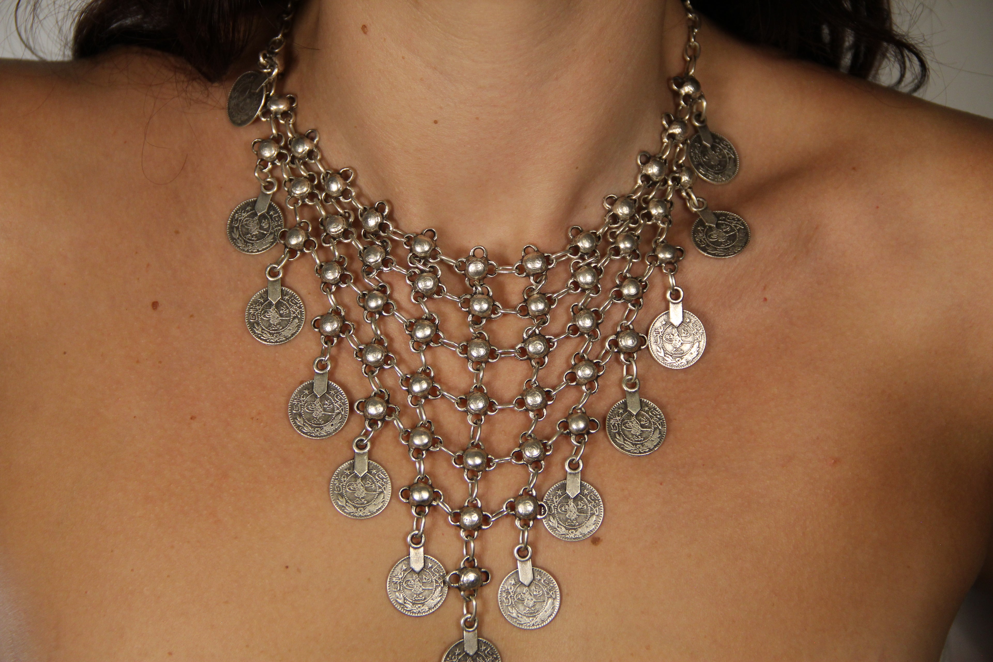 Silver Coin Statement Necklace – Bold Unique Bohemian Jewelry, Handmade Chic Necklace for Women and Fashion Lovers