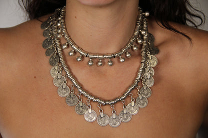 Silver Layered Coin Necklace – Unique Boho Chic Statement Jewelry for Women, Handmade Layered Accessory, Gift Idea for Her