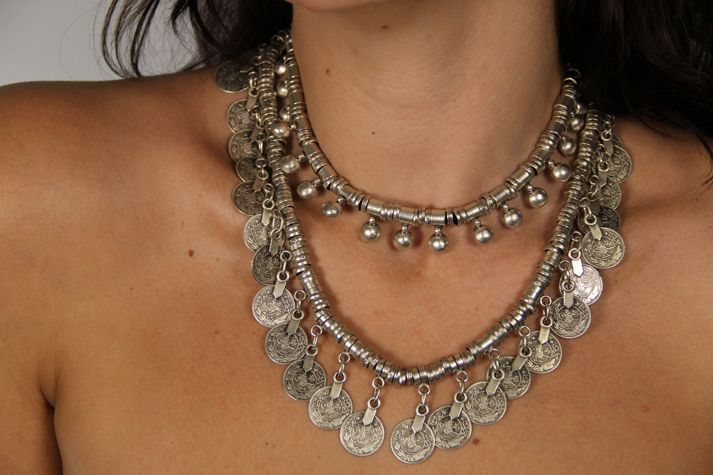 Silver Layered Coin Necklace – Unique Boho Chic Statement Jewelry for Women, Handmade Layered Accessory, Gift Idea for Her