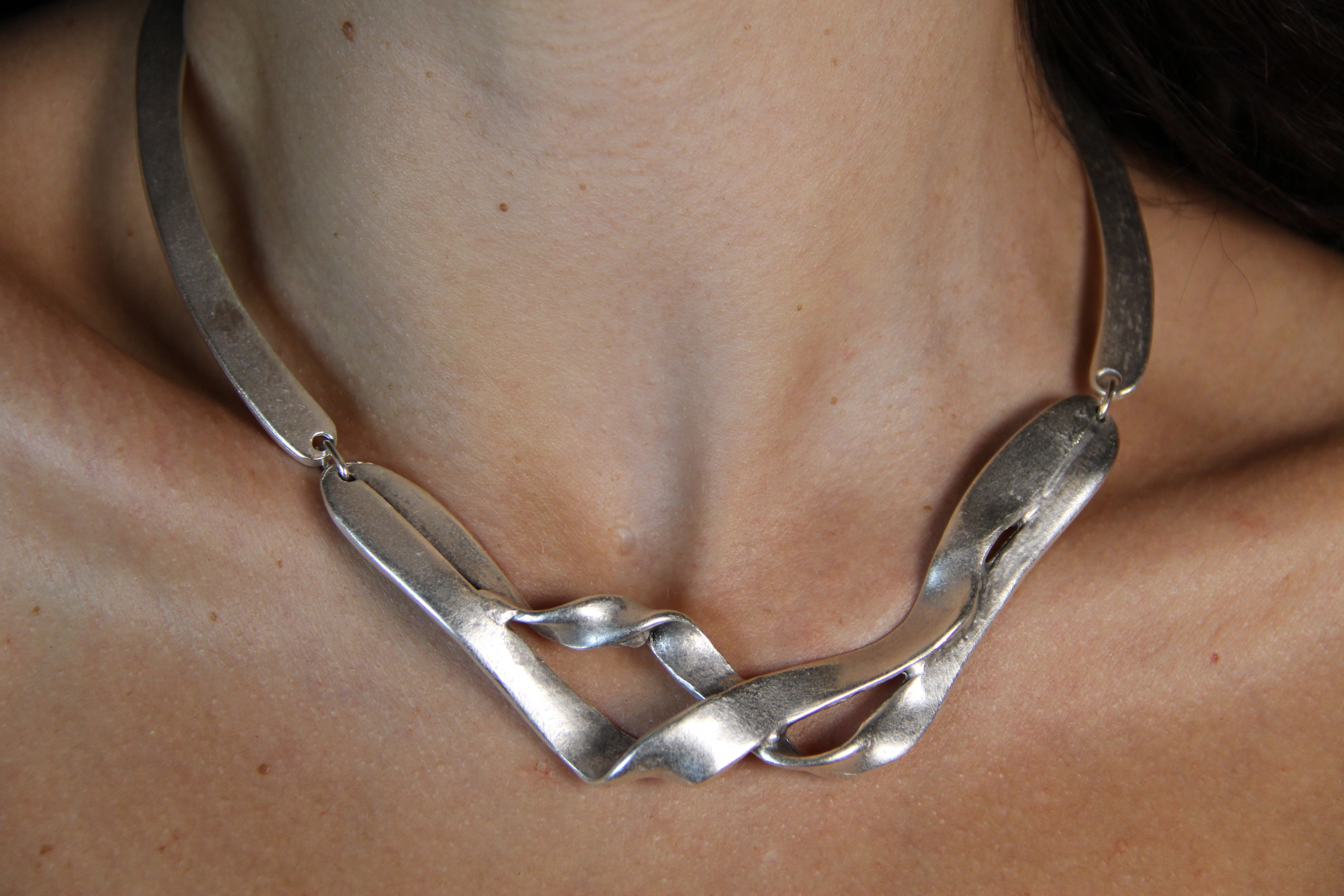 Silver Choker Twisted Metal Bold Statement Necklace Chic Style for Jewelry Lover