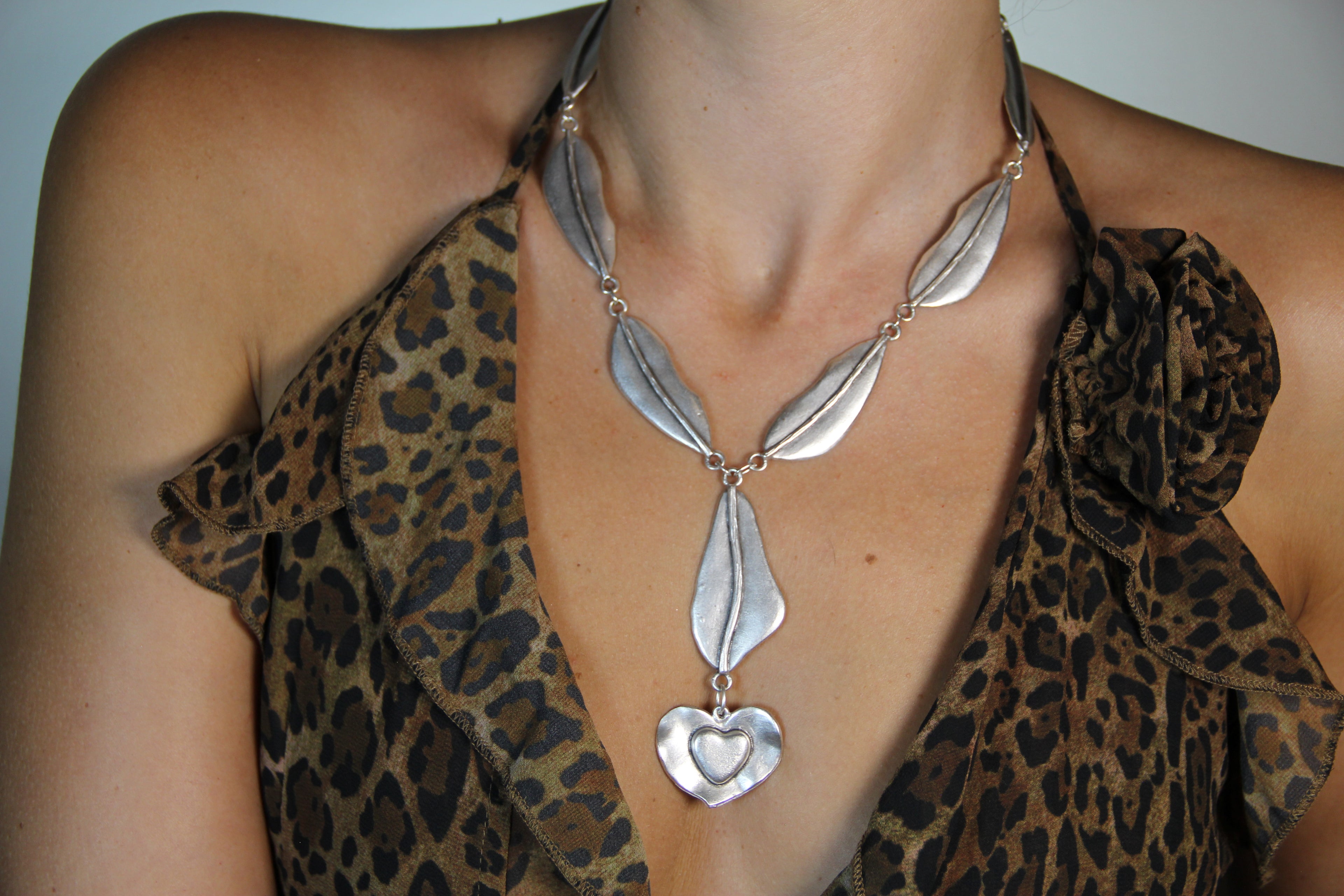 Necklace Long Silver Jewelry with Heart Pendant Bold Jewelry Piece Boho Chic Style
