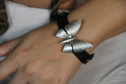 Bold Silver Butterfly Bracelet on Black Band – Unique Statement Jewelry for Women, Handmade Boho Gift Idea