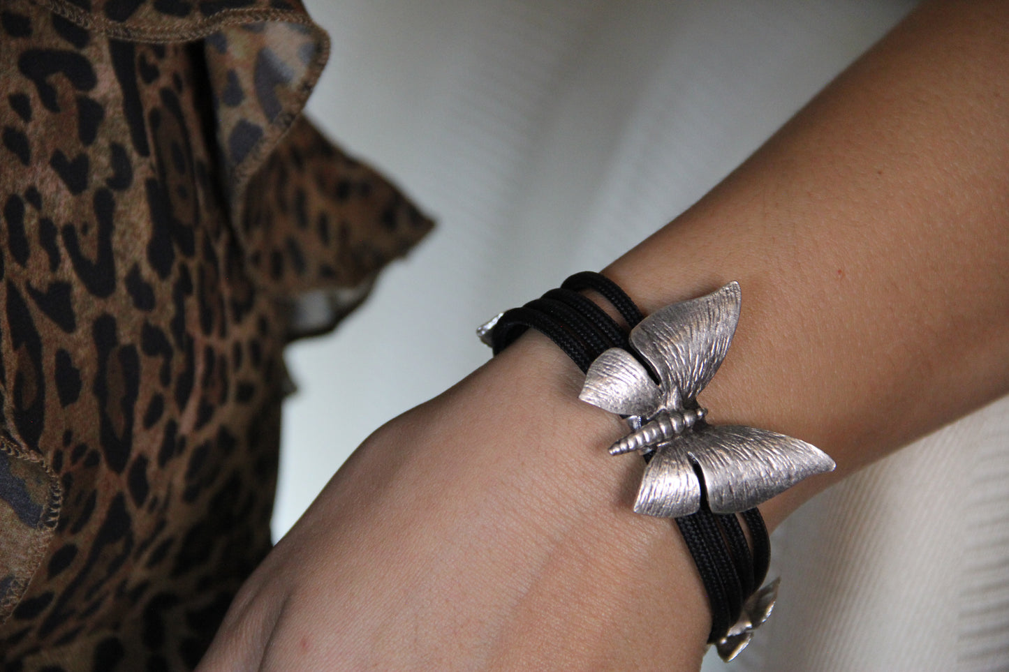 Bold Silver Butterfly Bracelet on Black Band – Unique Statement Jewelry for Women, Handmade Boho Gift Idea