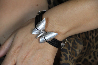 Bold Silver Butterfly Bracelet on Black Band – Unique Statement Jewelry for Women, Handmade Boho Gift Idea
