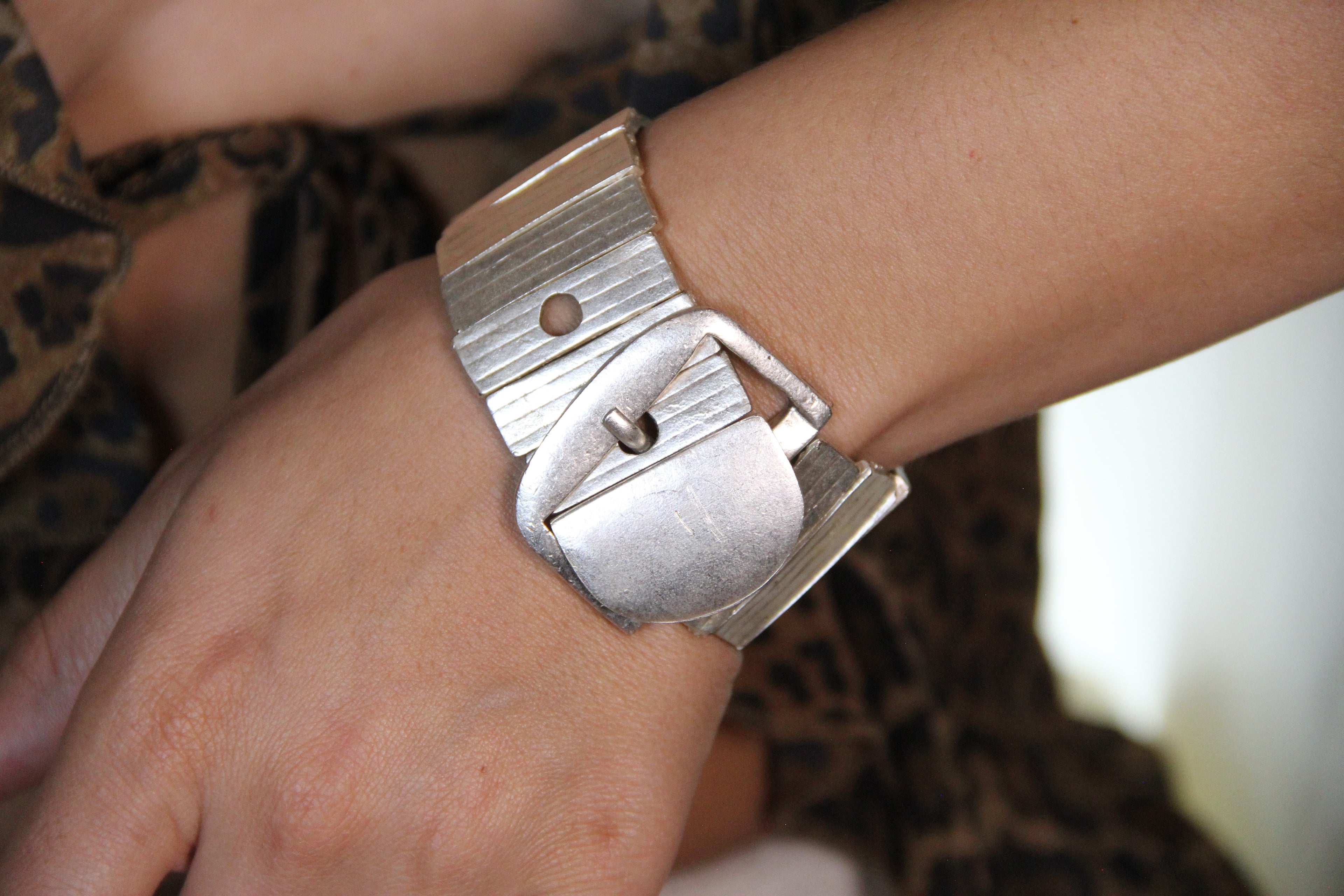 Slip-On Silver Belt Style Modern Cuff Bracelet – Unique Handmade Jewelry, Modern Bold Accessory for Women