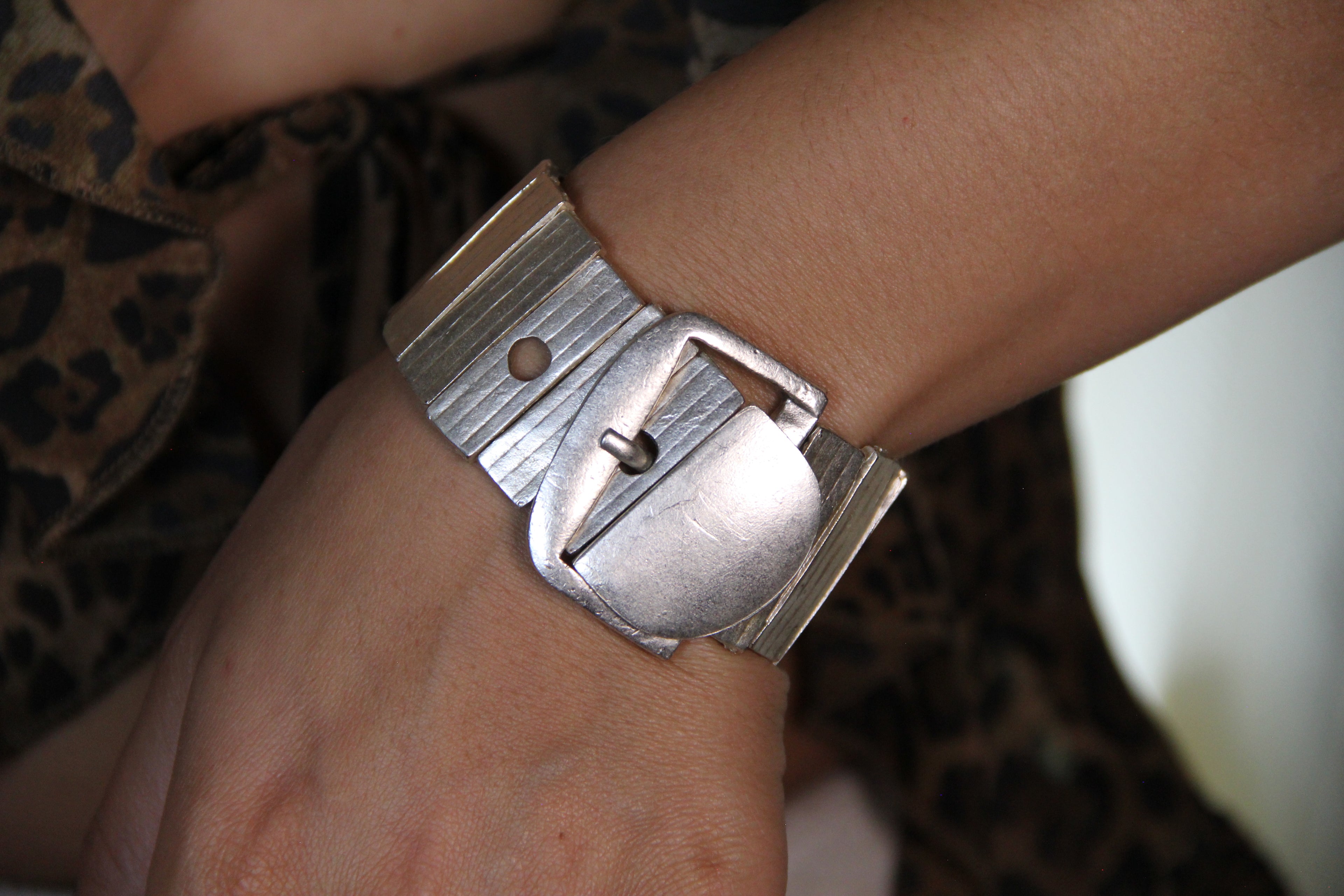 Slip-On Silver Belt Style Modern Cuff Bracelet – Unique Handmade Jewelry, Modern Bold Accessory for Women