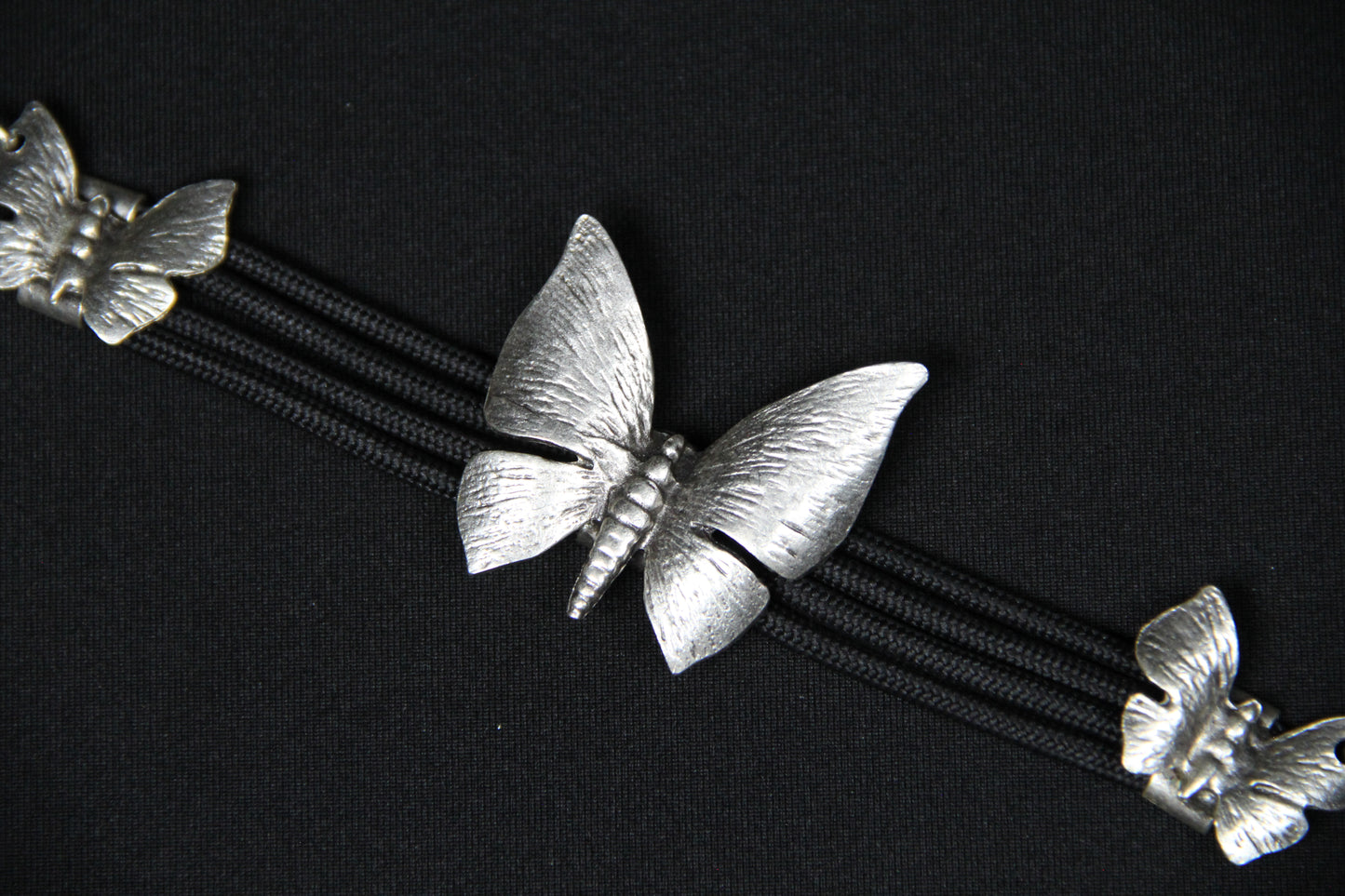 Bold Silver Butterfly Bracelet on Black Band – Unique Statement Jewelry for Women, Handmade Boho Gift Idea