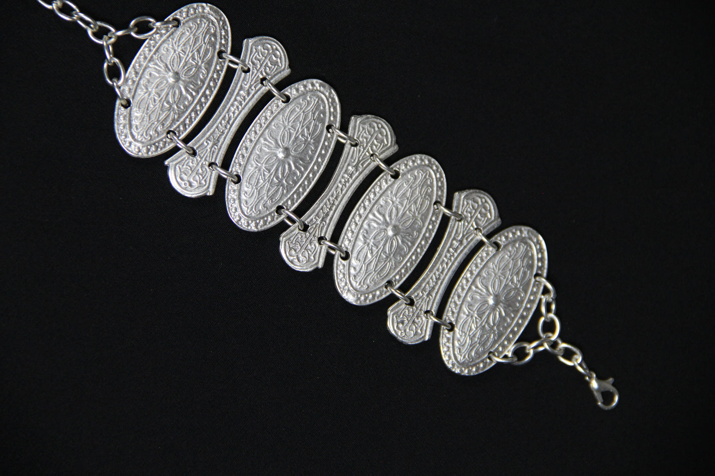Ethnic Flower Silver Bracelet – Bold Engraved Statement Jewelry Unique Boho Chic Style