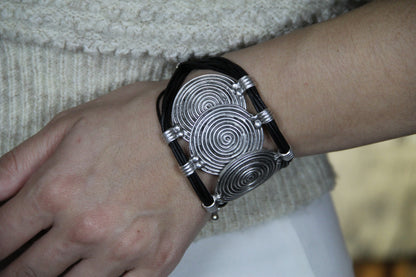 Hammered Silver & Leather Bracelet: Gothic Statement Cuff