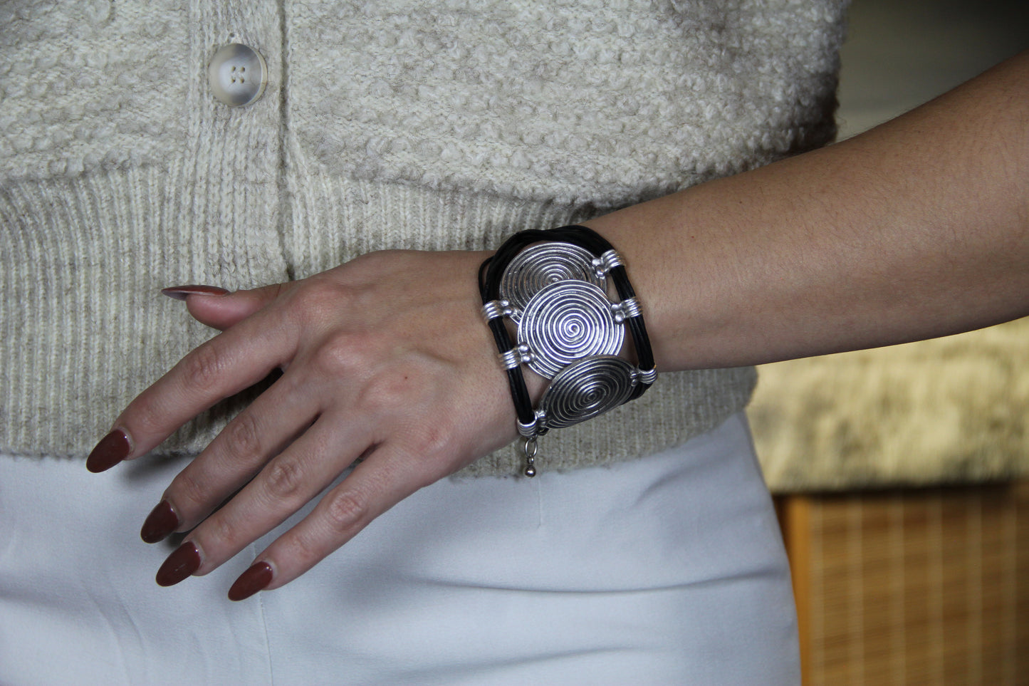 Hammered Silver & Leather Bracelet: Gothic Statement Cuff