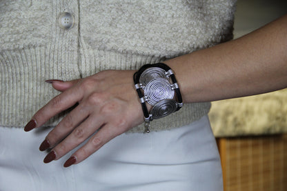 Hammered Silver & Leather Bracelet: Gothic Statement Cuff