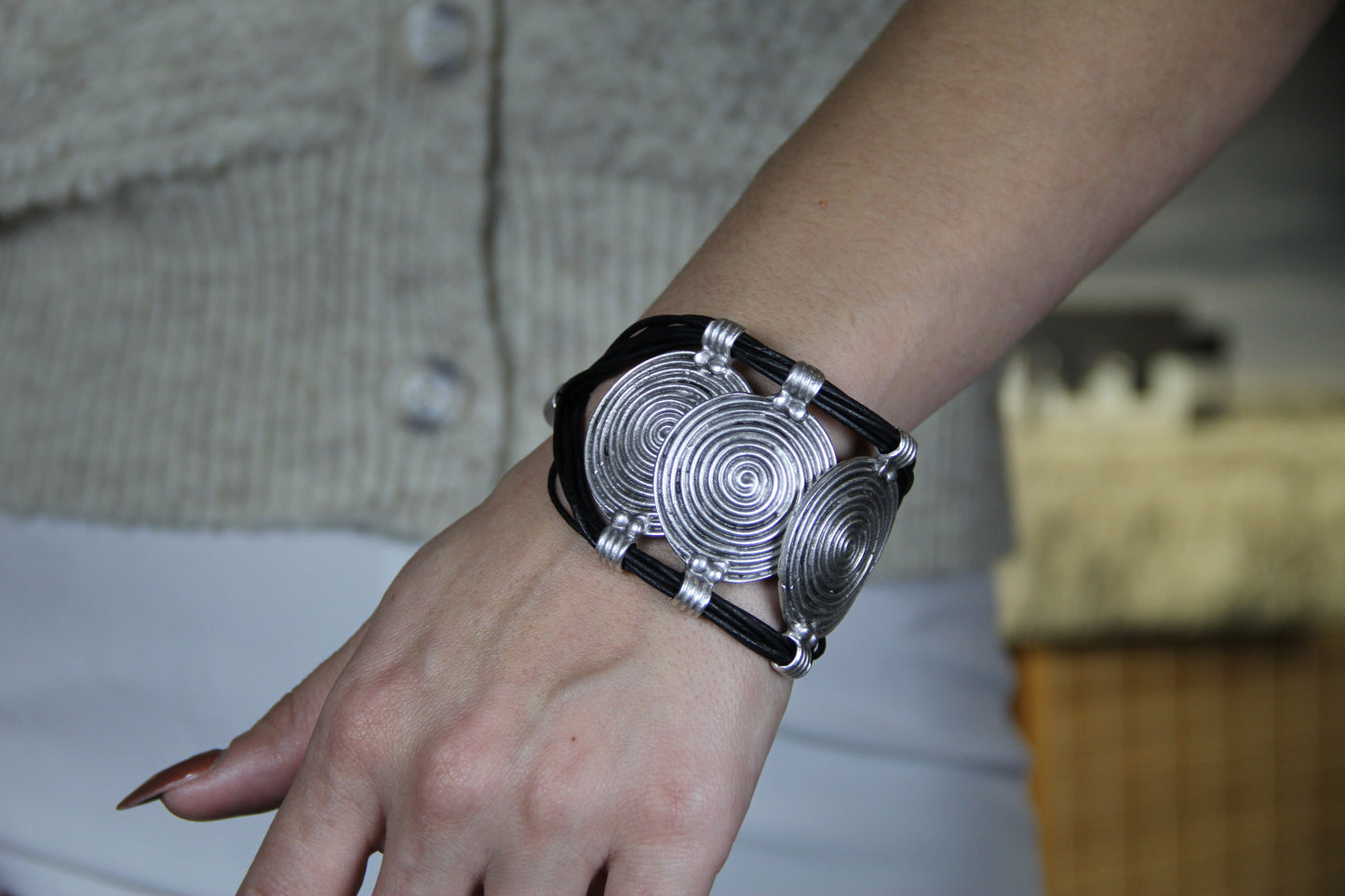 Hammered Silver & Leather Bracelet: Gothic Statement Cuff