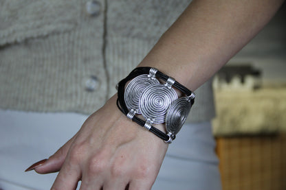 Hammered Silver & Leather Bracelet: Gothic Statement Cuff