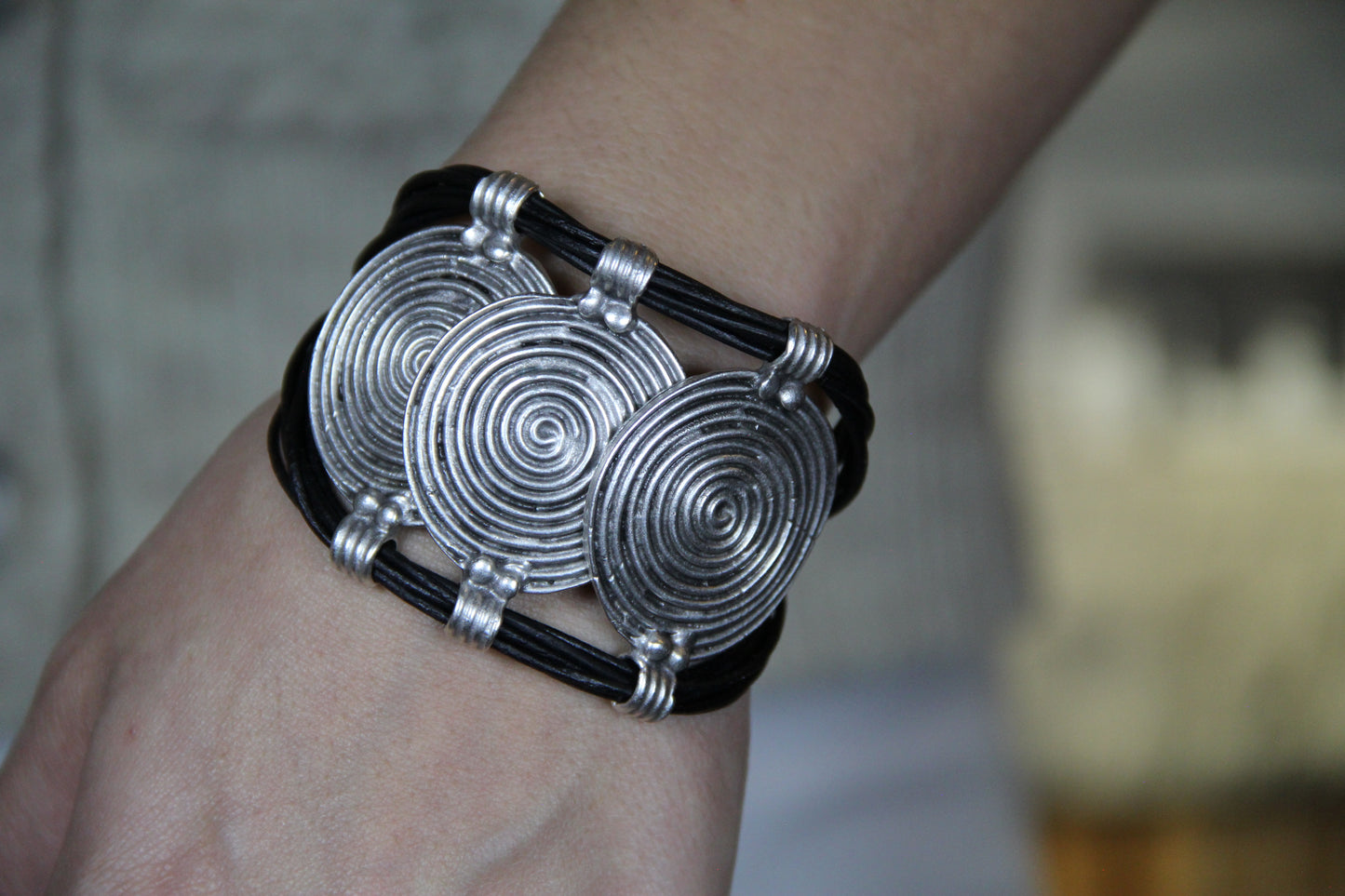 Hammered Silver & Leather Bracelet: Gothic Statement Cuff