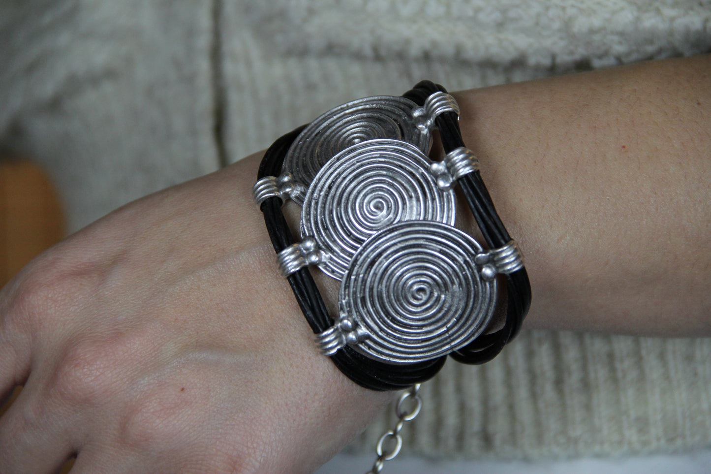 Hammered Silver & Leather Bracelet: Gothic Statement Cuff