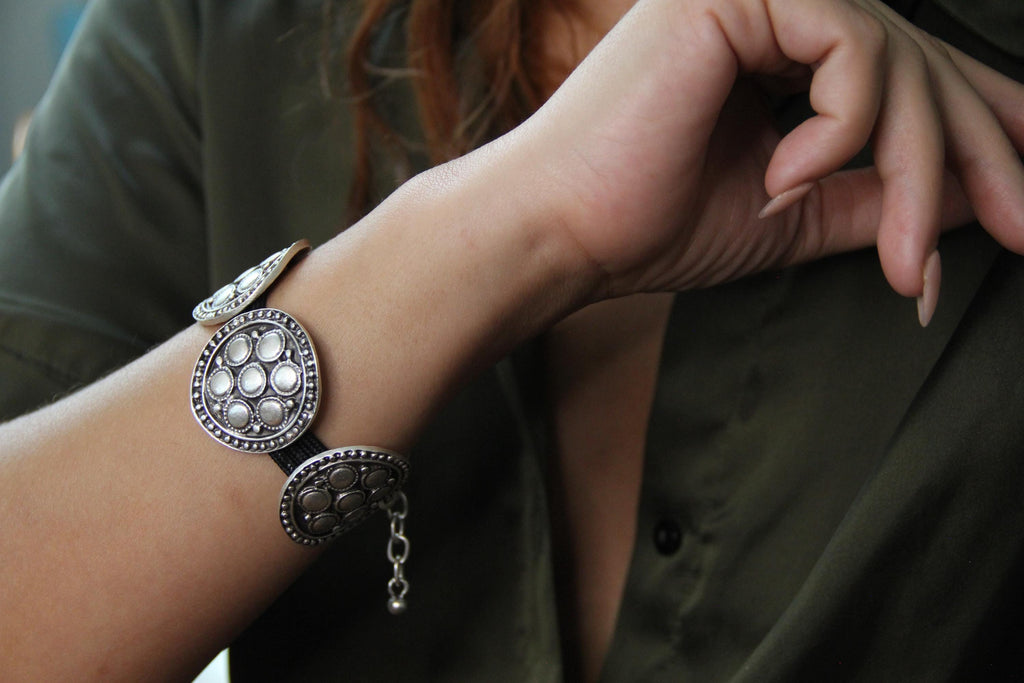 Ethnic Large Silver Bracelet with black band