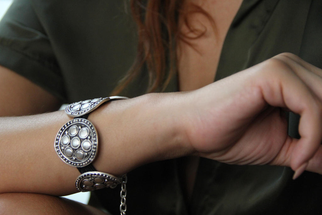 Ethnic Large Silver Bracelet with black band