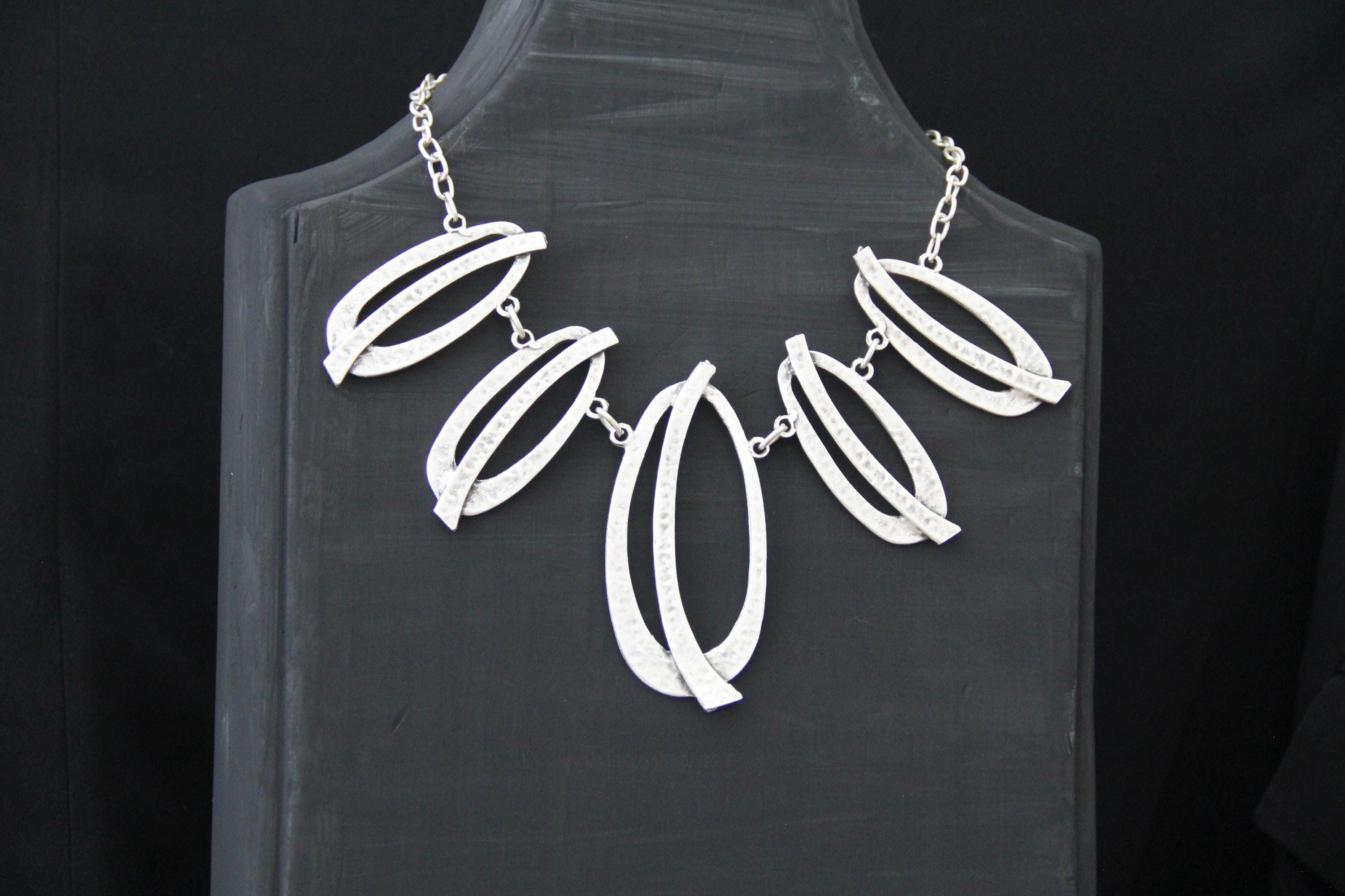 Handmade Silver Statement Necklace for Women – Unique Bold Geometric Large Pendant Ethnic Jewelry, Gift for Her
