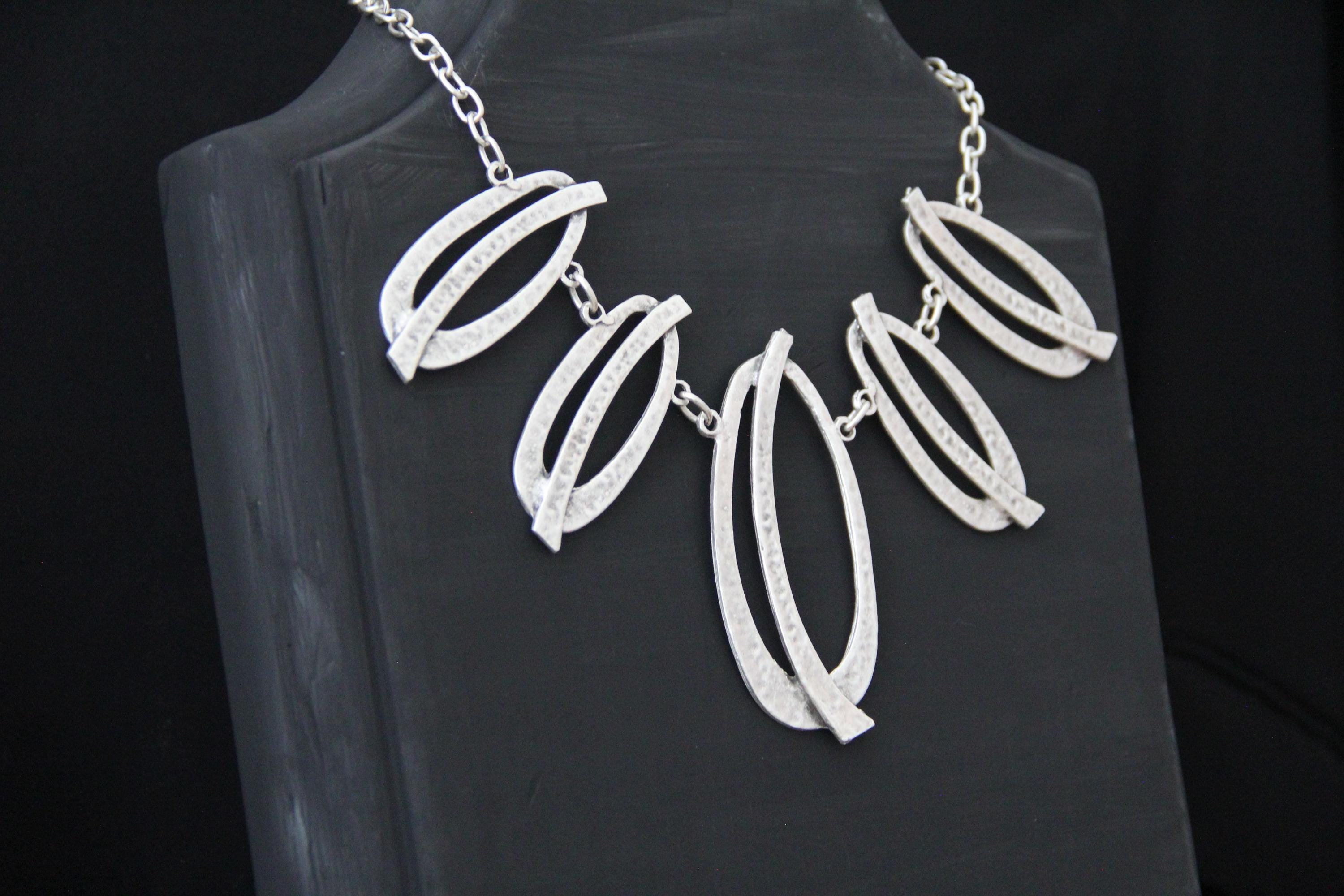 Handmade Silver Statement Necklace for Women – Unique Bold Geometric Large Pendant Ethnic Jewelry, Gift for Her