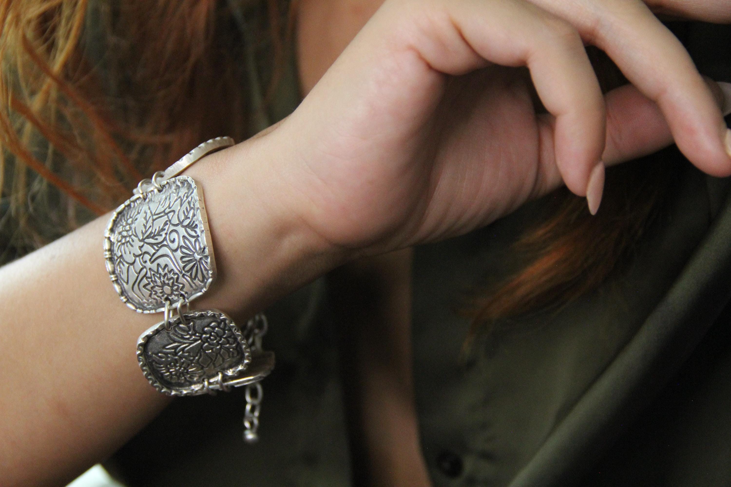 Engraved Large Silver Bohemian Bracelet